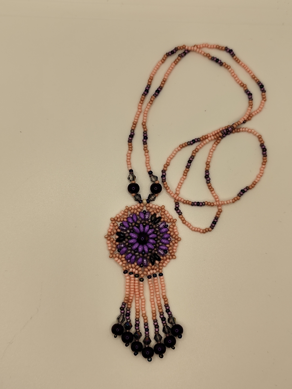 Boho Pink and Purple Beaded Floral Pendant Necklace